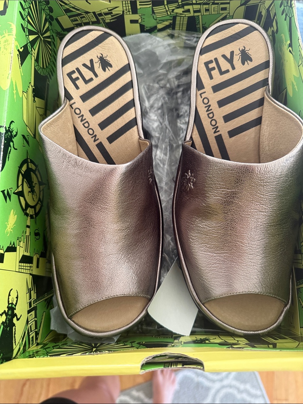 Fly London Women's Metallic Rose Bronze Open-Toe Slide Mules
